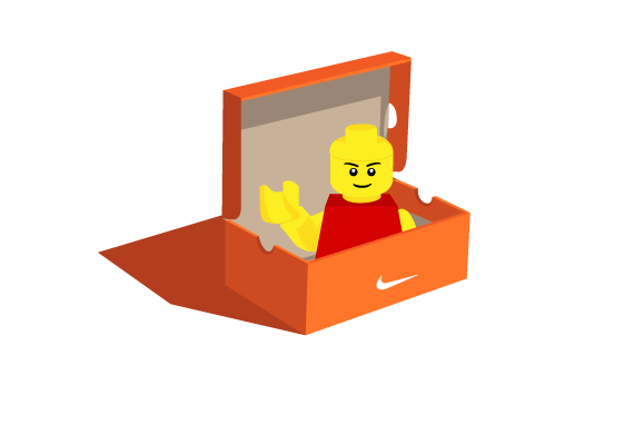 Illustration de boite de chaussure Nike, ouverte, en forme le légo avec un personnage Lego en sortant